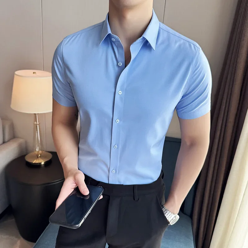 

High Quality Modal Seamless Shirt Men's Summer Ice Silk Simplicity Casual Business Formal Wedding Social Shirts Men Clothing