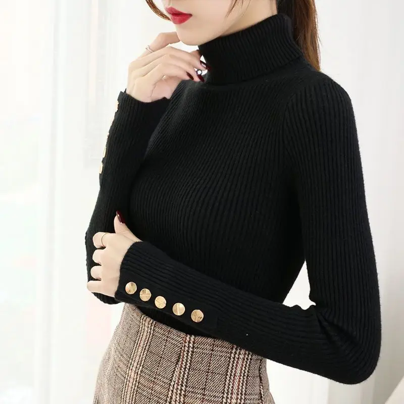 2024 Knitted Turtleneck Women Sweater Button Long Sleeve Pullovers Autumn Winter Basic Femme Sweaters Slim Solid Pull Tops