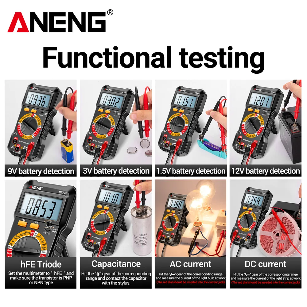 ANENG SZ305 متعددة الوظائف المقاومة hFE الصمام الثلاثي الجرس اختبار رقمي متعدد التيار المتناوب/تيار مستمر الجهد الحالي السعة NCV التعريفي