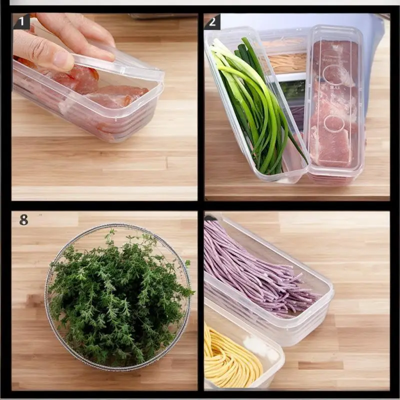 هوا هوا 1/4 قطعة حاويات تخزين المواد الغذائية المستطيلة الطويلة البلاستيكية القابلة لإعادة الاستخدام الثلاجة المنظم صناديق اكسسوارات المطبخ