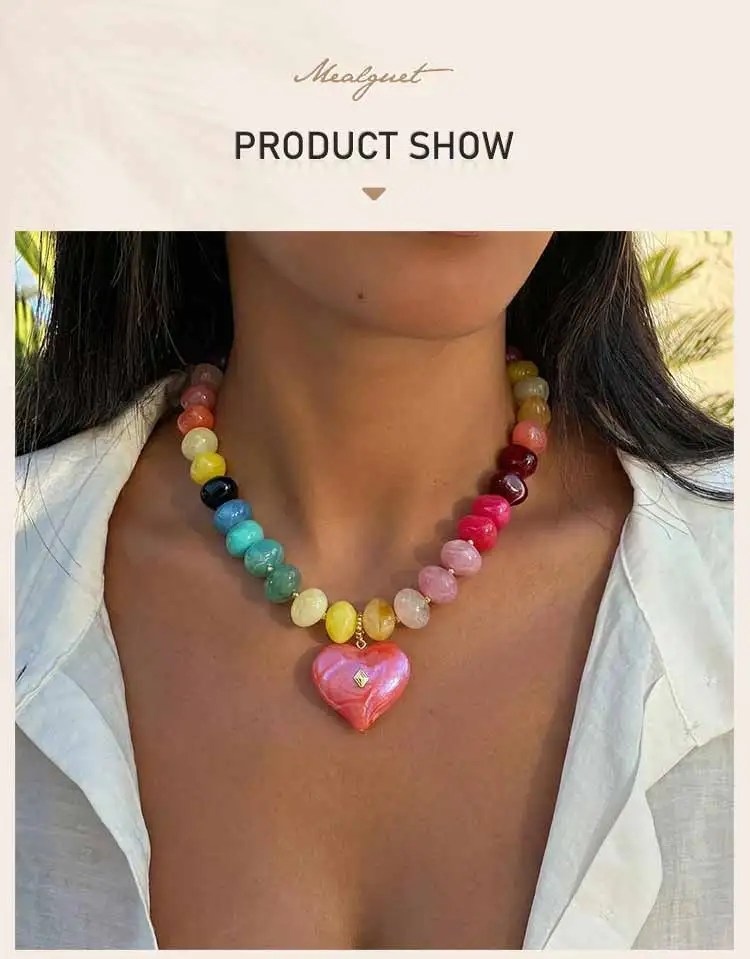 Regenbogen-Harzperlen-Halskette für Frauen, Großer Herzanhänger mit Kristallbesatz, Dopamin Sommer Strand Y2K Statement-Schmuck – Detail 1