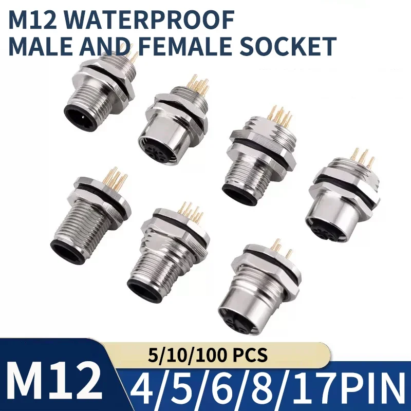 

5/10/100 PCS M12 male and female socket 3 4 5 6 8 17 pins weld IP67/68 Install front/rear panel waterproof circular connectors