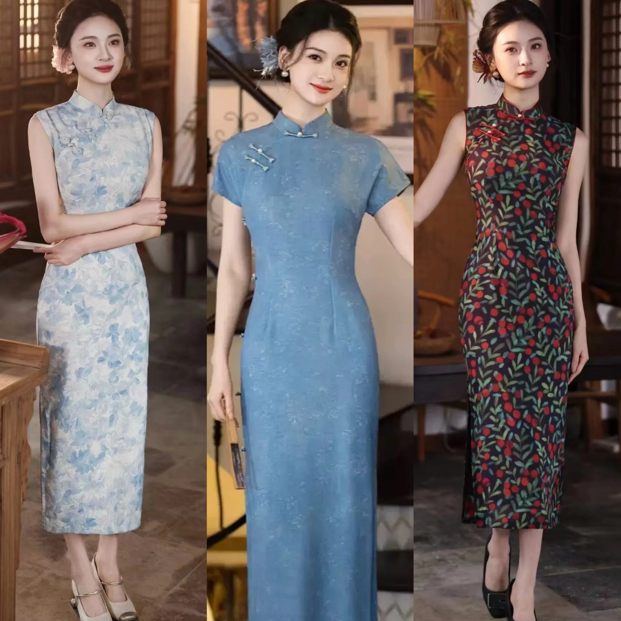 

Ele Blue Dr Suitable for Work Young Girls Simple And High-End Mid-Length Qipao with ort Sves for Daily ...