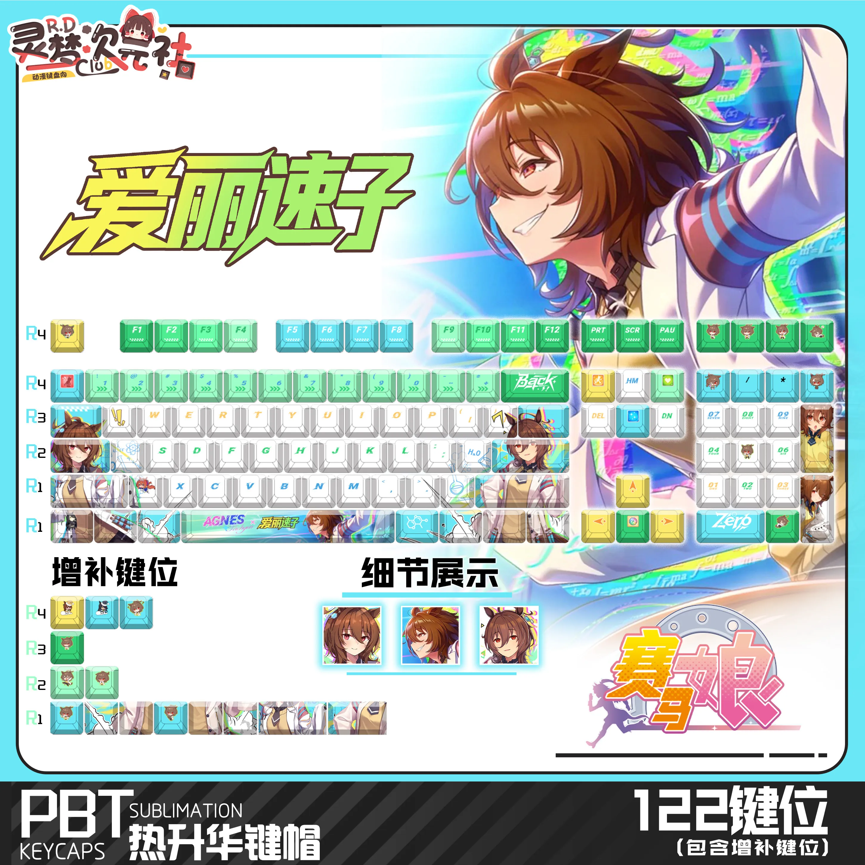 Pretty Derby Agnes Tachyon Keycaps 122 Keys Cherry PBT Side Transparent Key Cap for Made68 Mad68 Wooting 60 Mechanical Keyboard