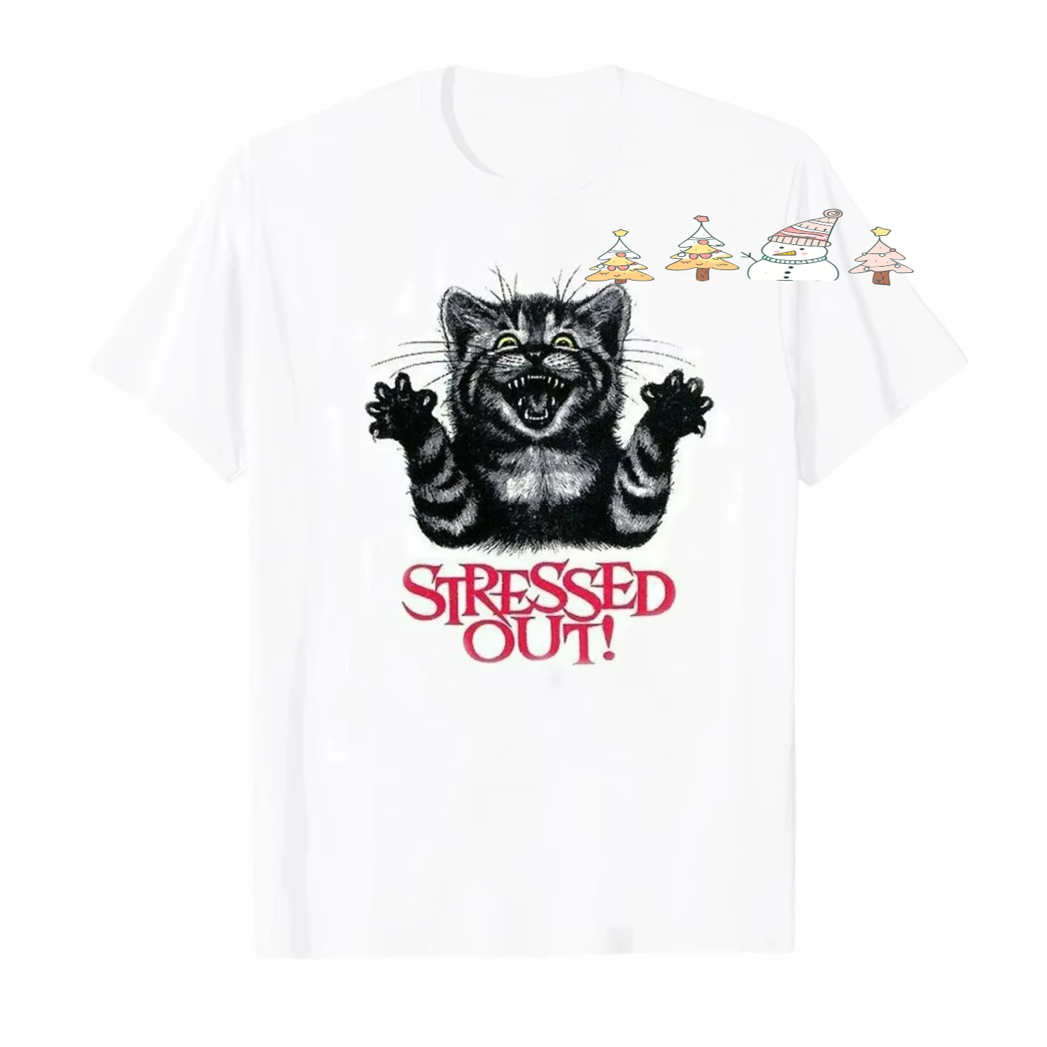 Stressed Out Cat. Funny Scaredy Kitten Clawing Art T Shirt. Short Sleeve 100% Cotton Casual T-shirts Loose Top Size S-3XL