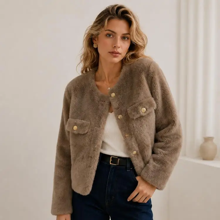 Women's Brown Faux Fur Short Jacket with Gold Buttons Cozy Round Neck Coat for Autumn Winter
