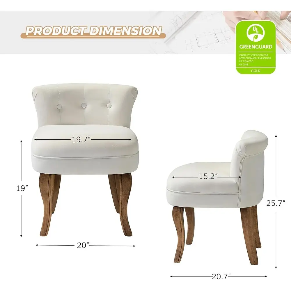 Velvet Vanity Stool with Low Back, Ivory | Small ern Vanity Chair with Solid Wood Legs or Women Girls, Bedroom, Dring Table