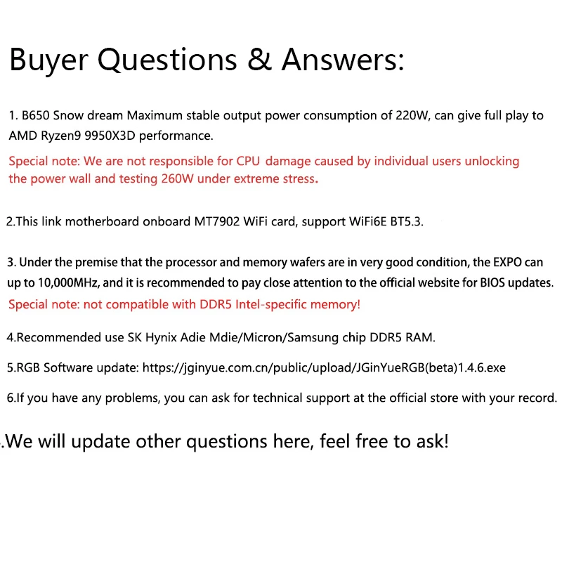 JGINYUE B650M Snow Dream WiFi Motherboard M-ATX Für Ryzen7000/8000/9000series MAX 9800X3D/9950X3D DDR5 RAM PCIe4.0x16*2 M.2*3