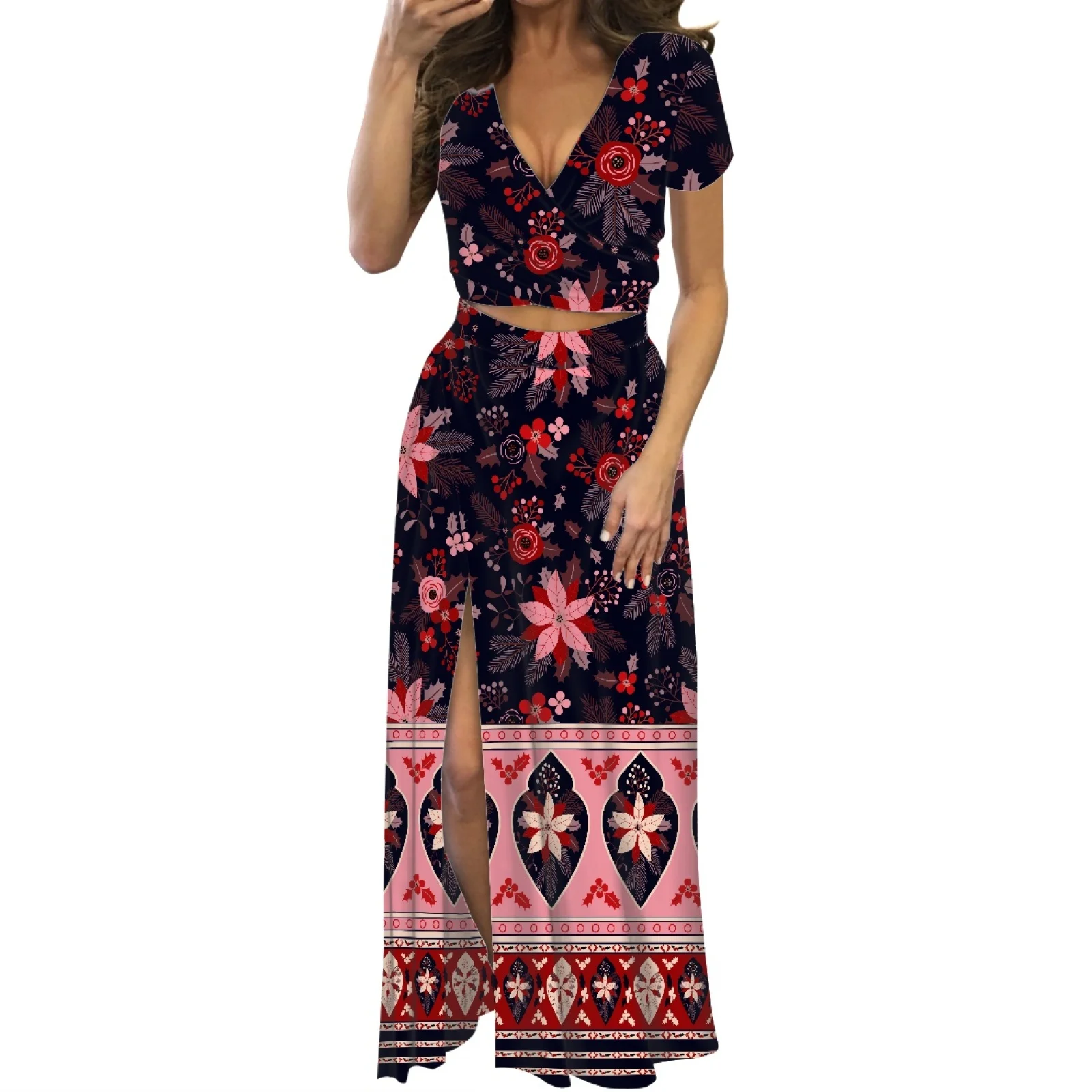 Polynesian Tribal Tongan Totem Tattoo Tonga Prints High Quality Stylish ​Short Sleeve Long Dress Women Street Club Two-Piece Set