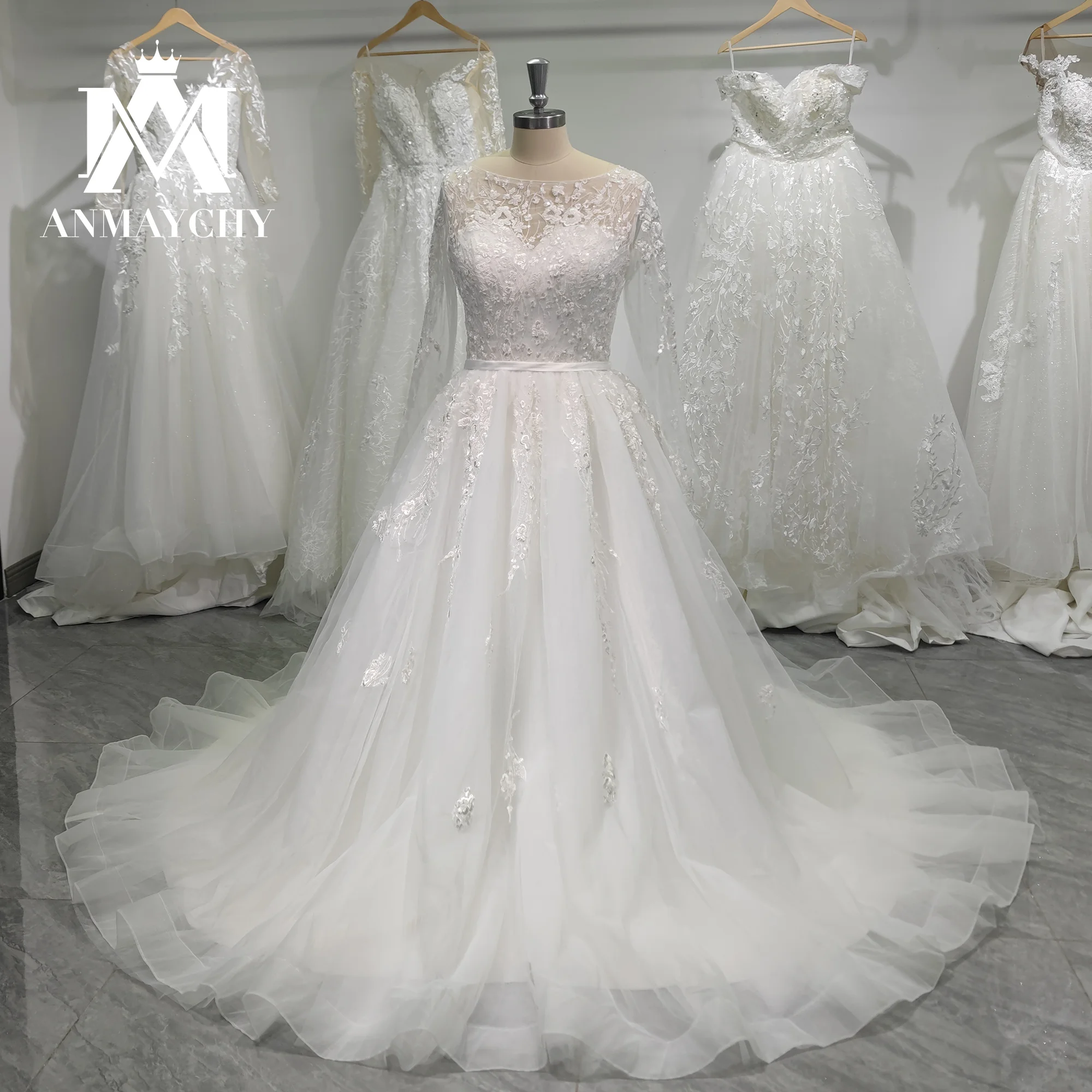 ANMAYCHY a-line فساتين زفاف للنساء 2023 طويلة الأكمام الوهم زر الزهور الدانتيل الخرز ثوب الزفاف Vestidos De Novia