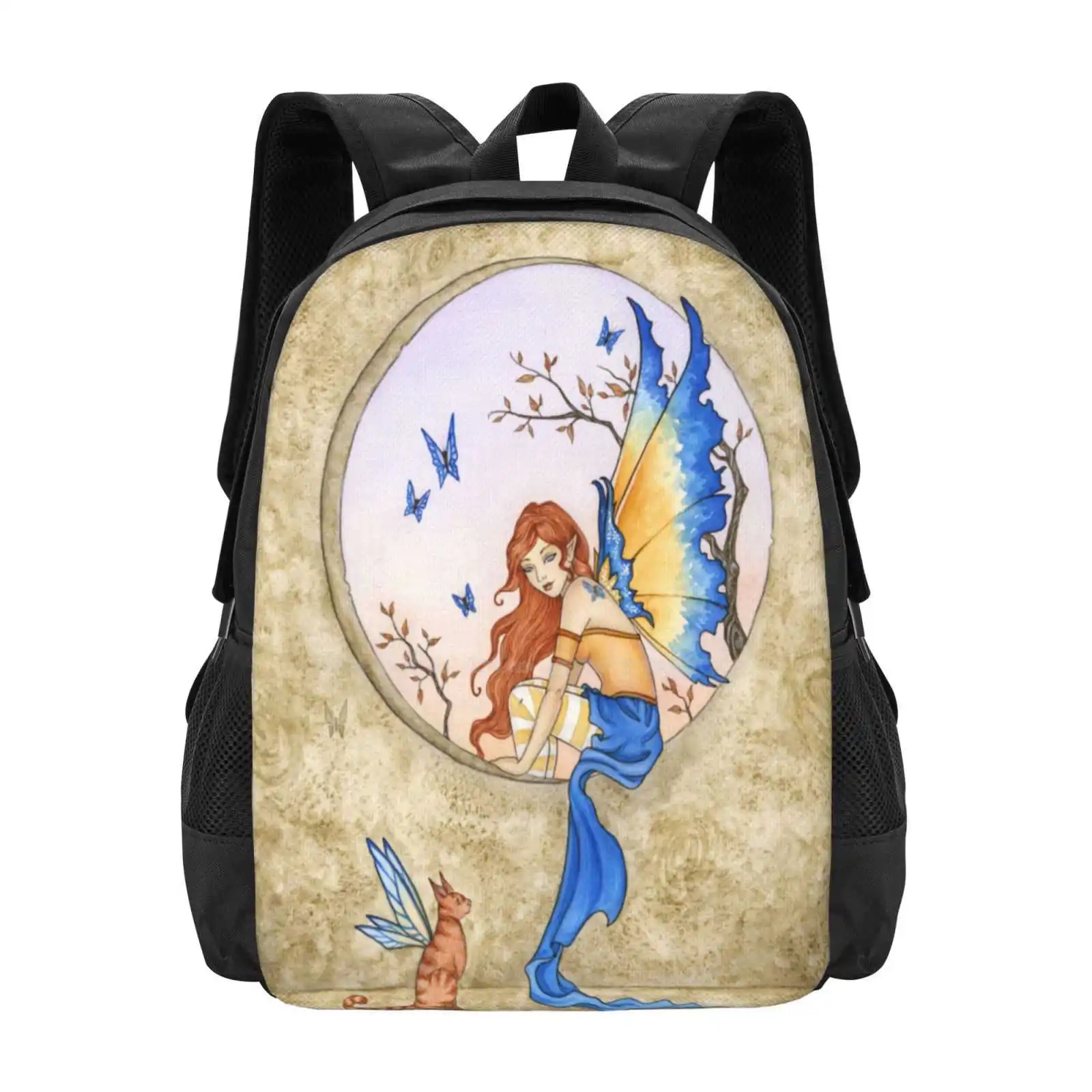 Blue 3D Print Design Backpack Student Bag Butterflies Fairy Cat Blue Gold Fantasy Art Amy Brown Art Fairy Tale