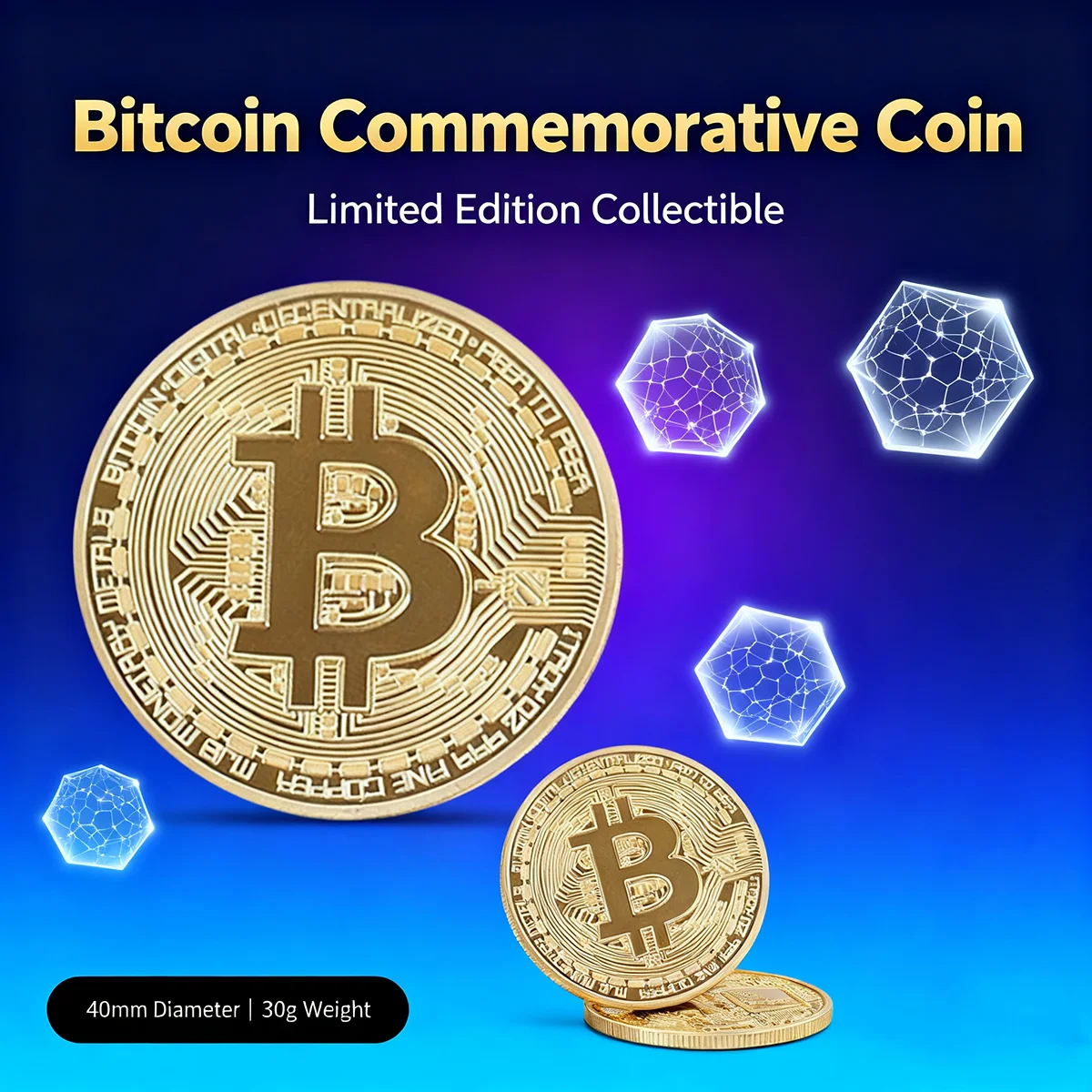 Gold Plated Bitcoin Collectible Coin, Physical BTC Casascius Metal Commemorative Art Gift, Antique Imitation Bit Crypto Currency