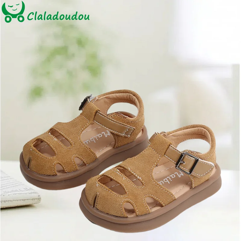 

Brand Girls Boys Genuine Leather Sandals Solid Soft Suede Kids Summer Shoes, Strap Infant Woman Outside Walkers