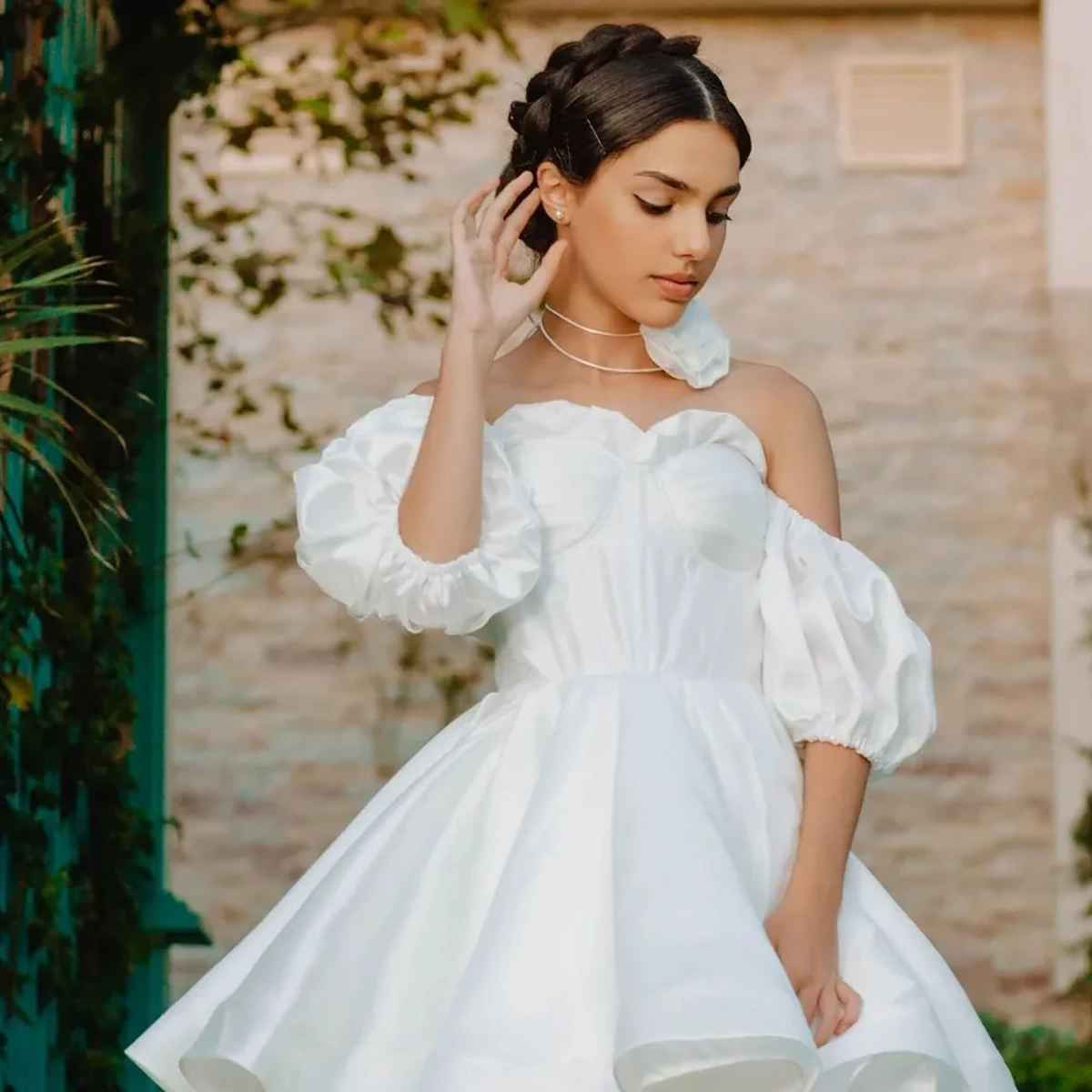 Abiti da sposa disossati con scollo a cuore arricciato personalizzato, maniche corte a lanterna rimovibili, mini abito a sbuffo, corsetto per festa di nozze