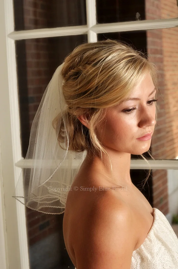 Velo de novia con cuentas blancas, borde enrollado de una capa, longitud del hombro, adecuado para accesorios de bola de boda para mujer