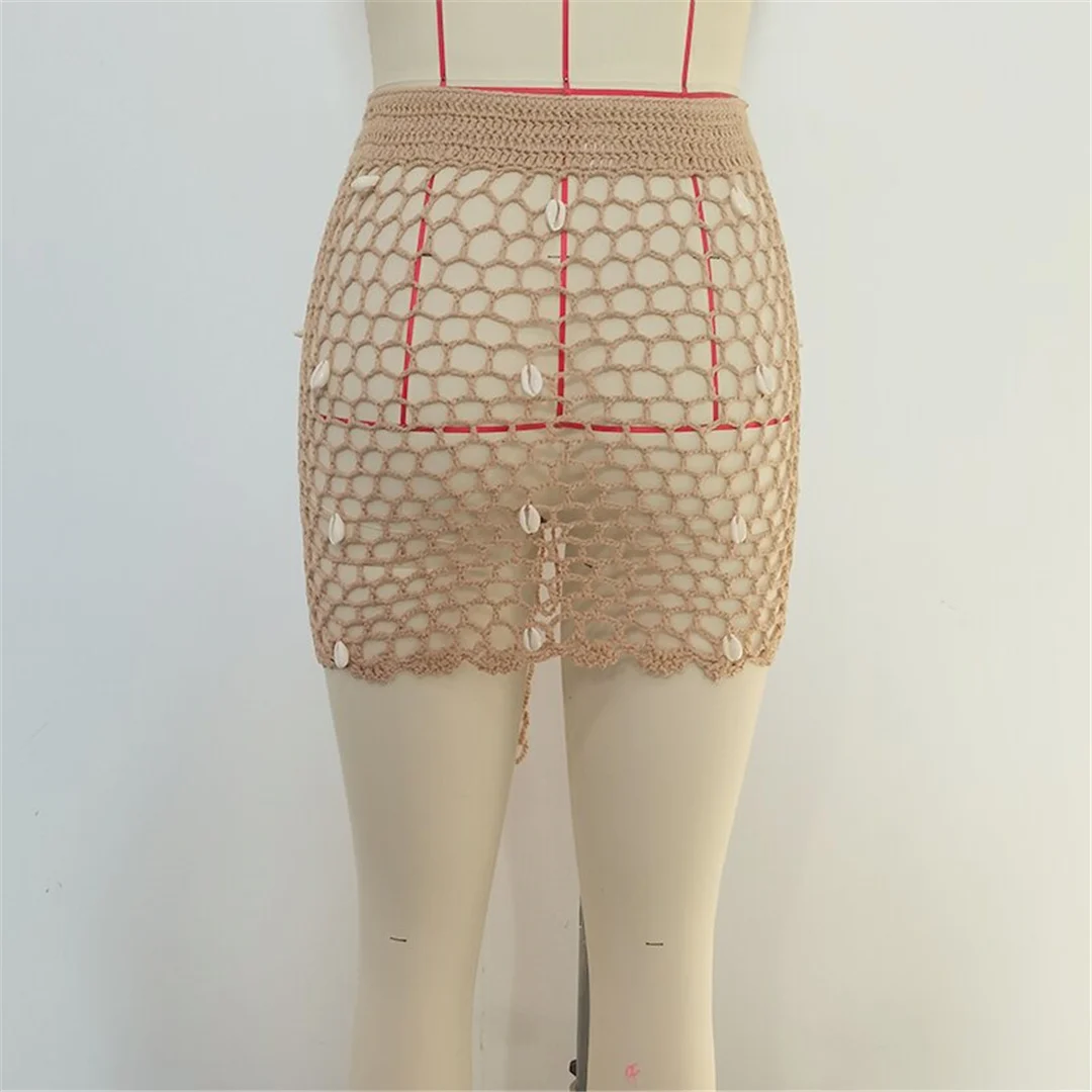 Ausgehöhlter, durchsichtiger, gehäkelter, gestrickter Strandrock, Strandkleid, Strandmode, Damen V6479 – Detail 21