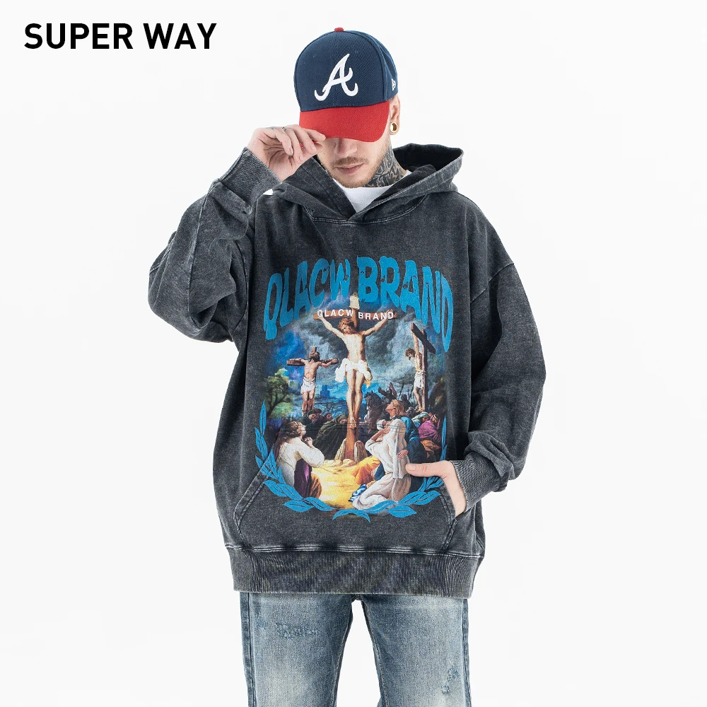 

Superway Original Design Jesus Cross Pattern Printed Hoodies Men Oversized Hip Hop Vintage Cotton Tops Washed Loose Pullovers