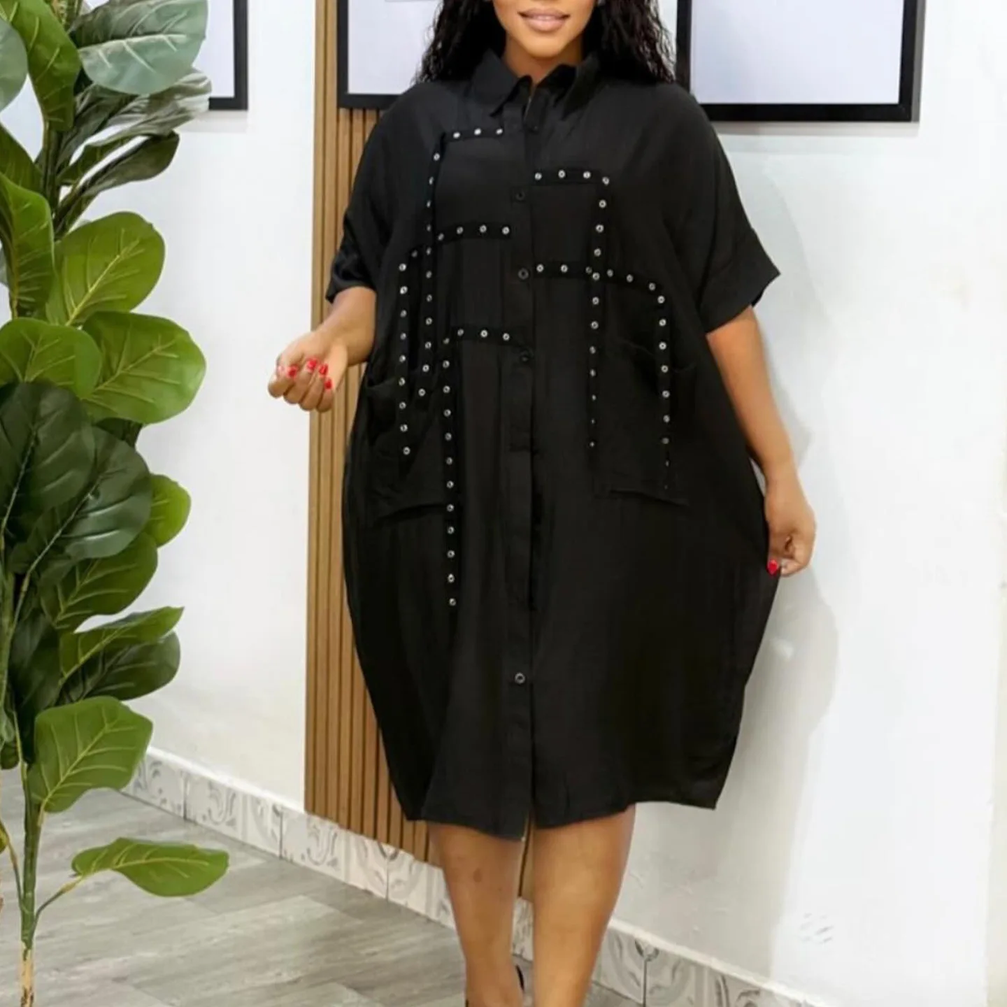 Loose Shirt Dress Fashion Lapel Single Breasted Half Sleeved Big Pocket Spliced ​​midi Dresses Women Elegant Commuter Shirt