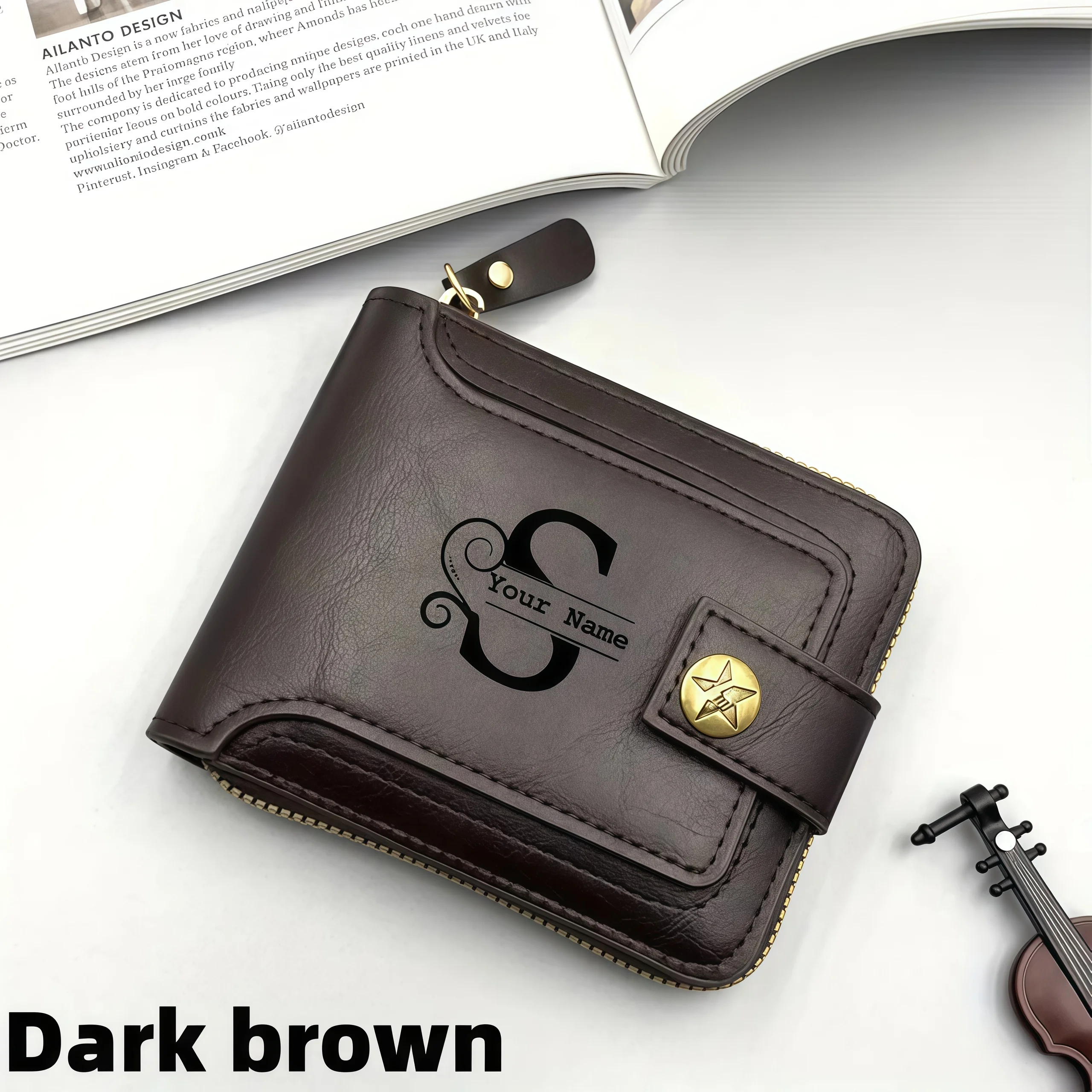 Customized Men's Name Wallet Gift - Fashionable Brown Faux Leather Wallet, With Engraved Design, Snap Closure, Zipper Card Holde view 6