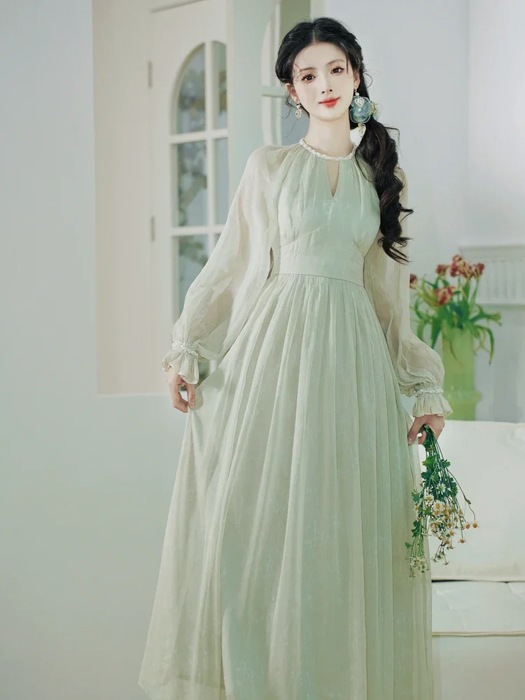 

Женское платье с круглым вырезом, винтажное зеленое платье с рукавами-фонариками и жемчужинами, украшенное бусинами, 2024