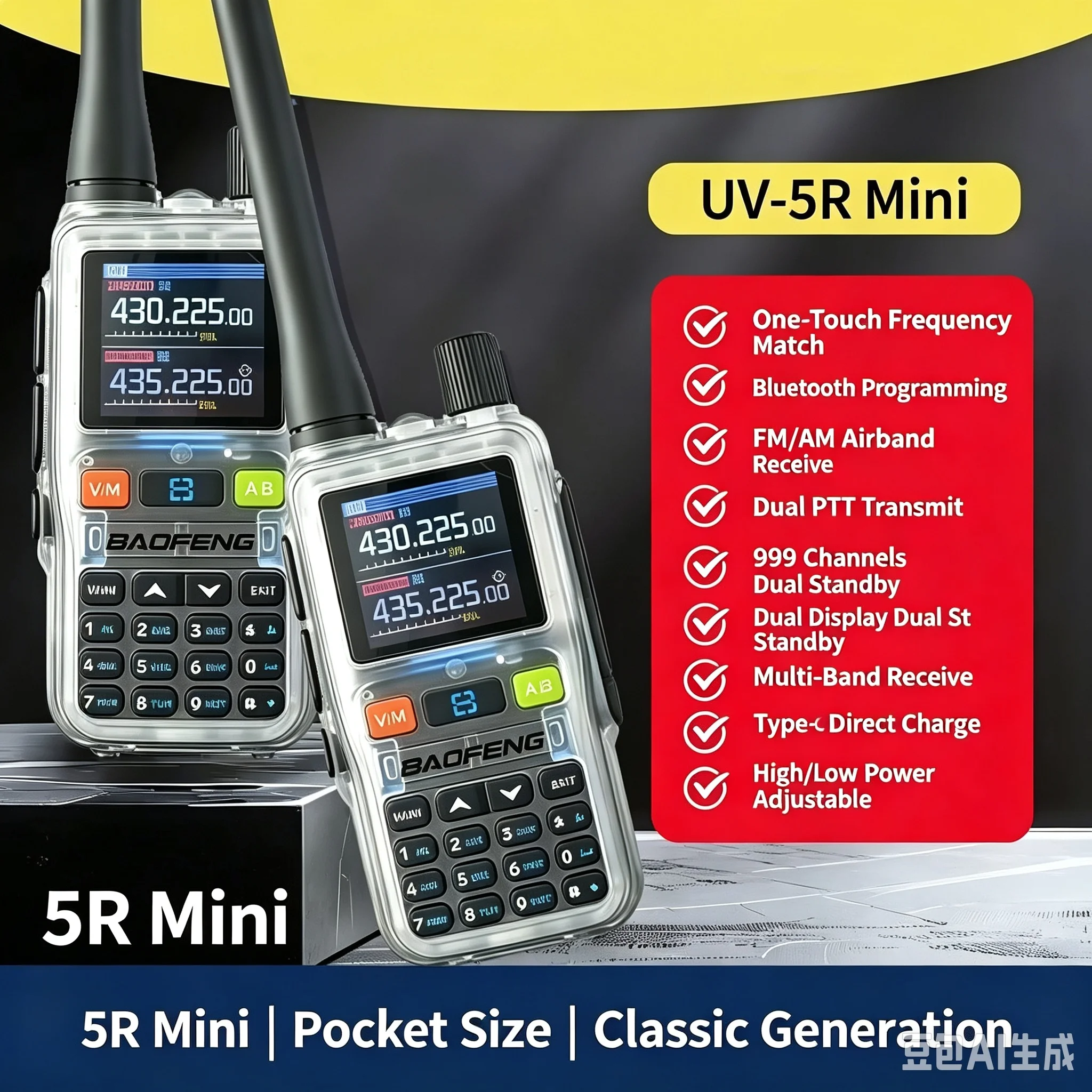 2PCS/Pack Baofeng UV-5R Mini Dual Band Dual PTT Walkie Talkie 5RMINI Air Band Rx 5W Compact VOX FM Amateur Radio Type-C Charge