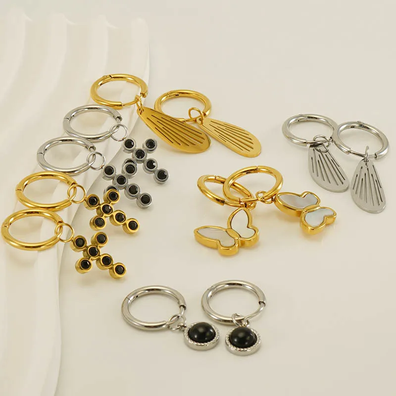 

10 шт. Новые дизайнерские серьги-кольца из нержавеющей стали с полым крылом бабочки и крестом для женщин, оптом, подарки, ювелирные изделия