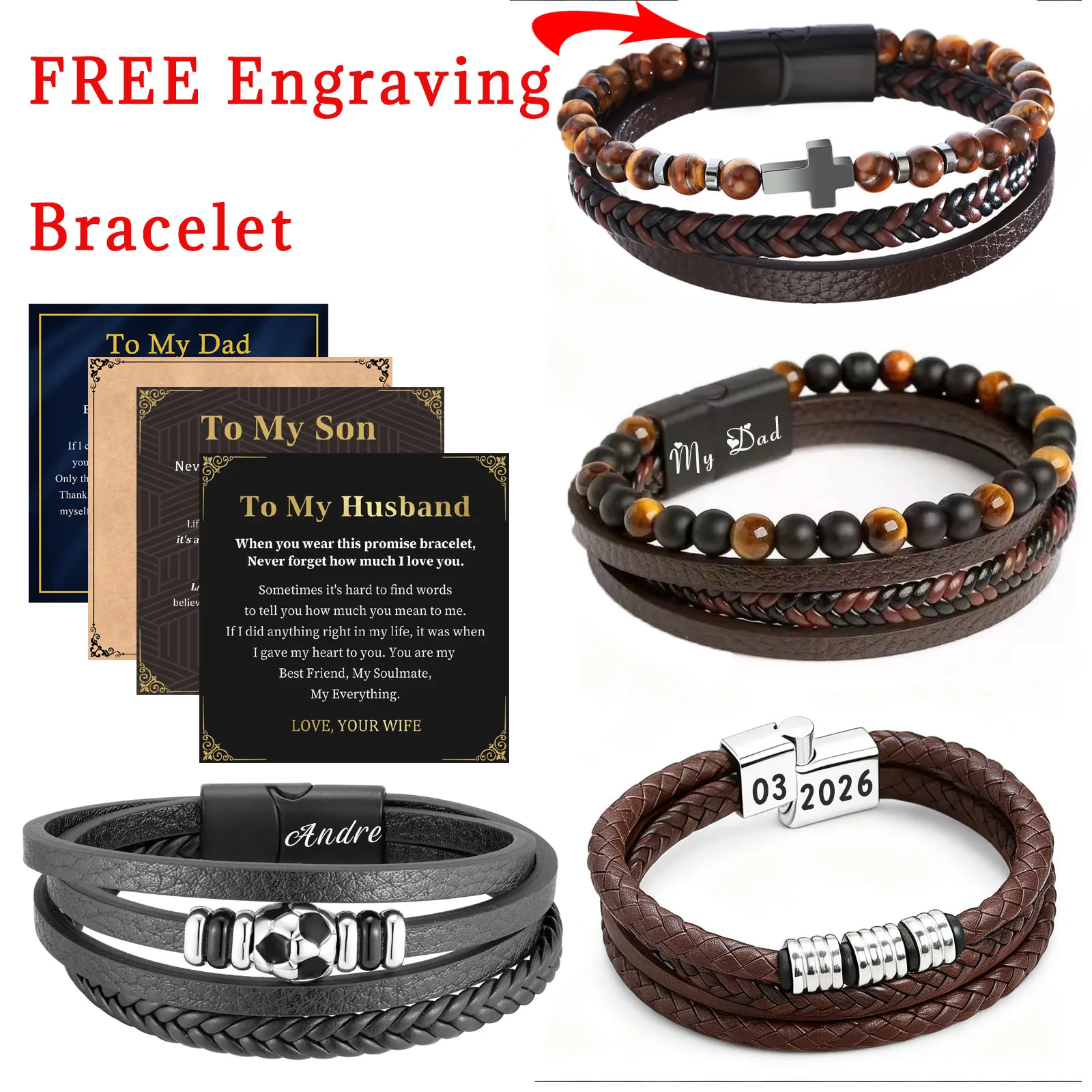 

Father Day Gift Set, Customized Multiple Layers Leather Bracelet Personalized Date Name Men Jewelry Gift Dropshipping With Card
