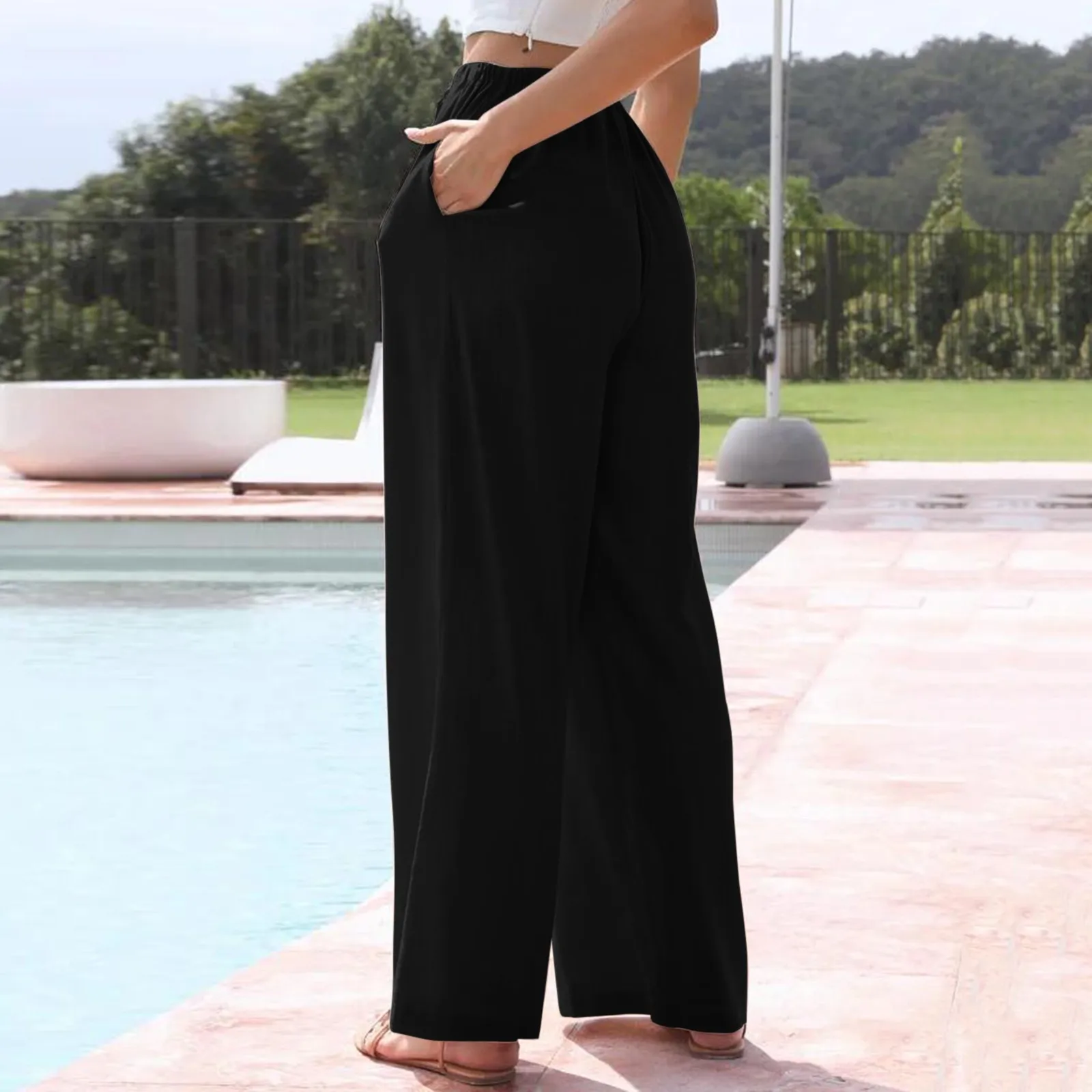 Black Wide Leg Straight Long Pants Women 2024 Imitation Cotton Linen High Waist Drawstring Pockets Loose Casaul Sport Trousers