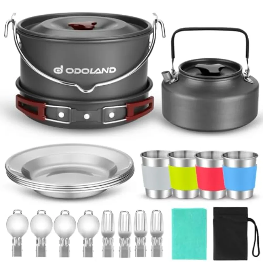 

22pcs Camping Cookware Mess Kit Large Size Hanging Pot Pan Kettle with Base Cook Set for 4 Cups Dishes Forks Spoons Kit for Out
