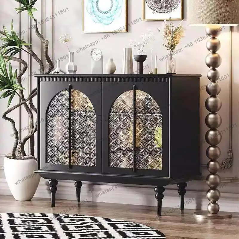 Living room French side cabinet retro solid wood storage decorative cabinet glass door