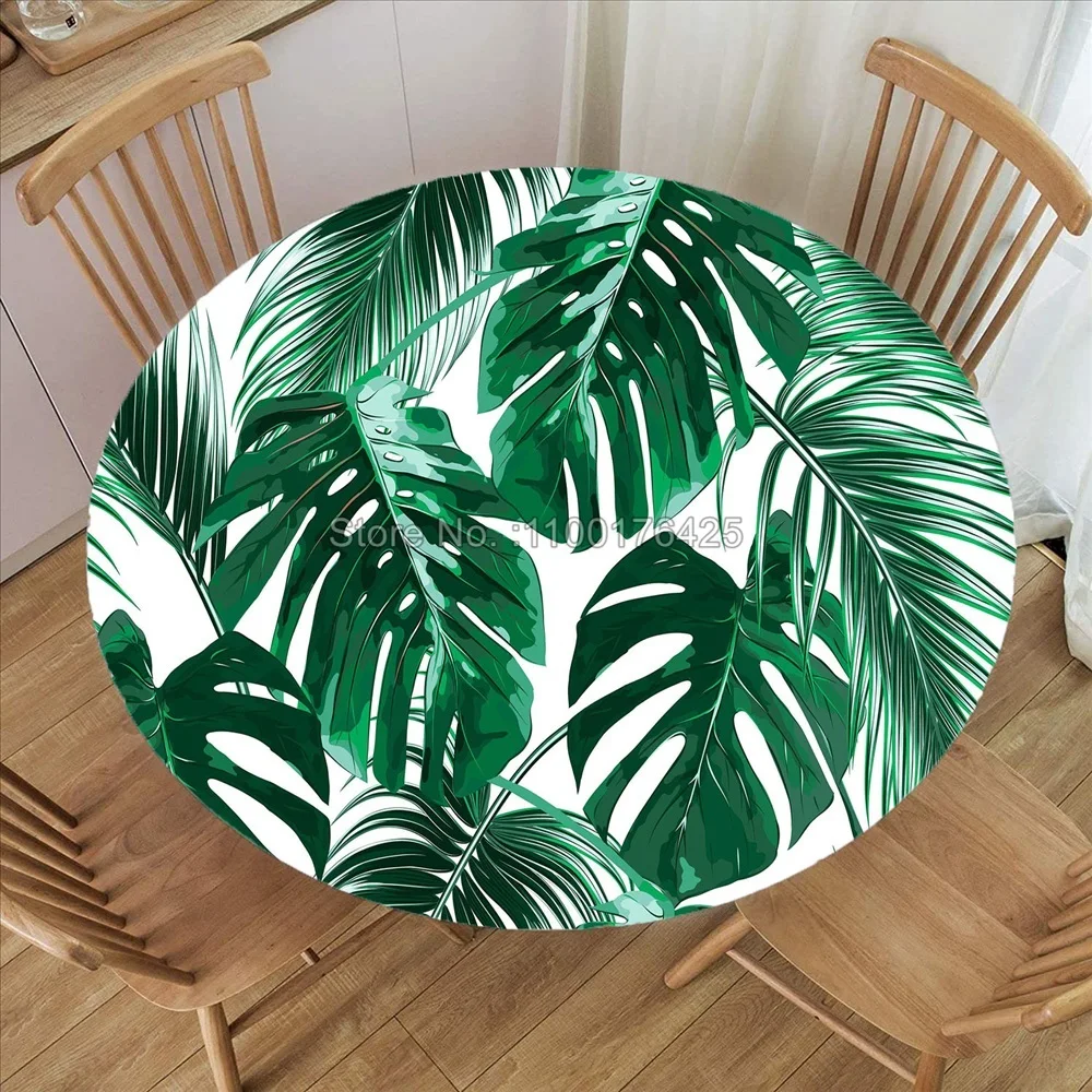 Tropical Plants Round Tablecloth Fitted Elastic Edged Floral Waterproof Polyester Table Cover for Dinning Room Kitchen Picnic