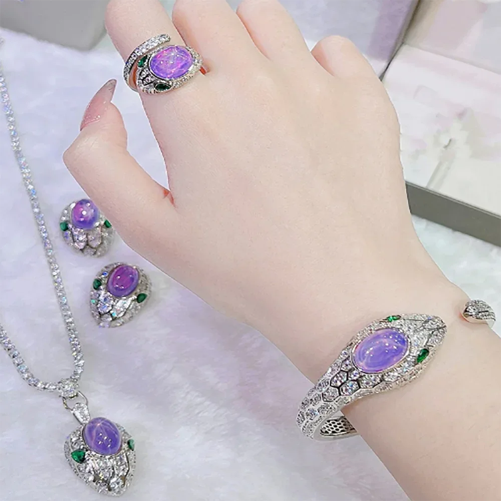 Luxury Silver Color Amethyst Jewelry Set for Women Purple Starlight Stone Snake Pendant Necklace Stud Earrings Ring Bracelet