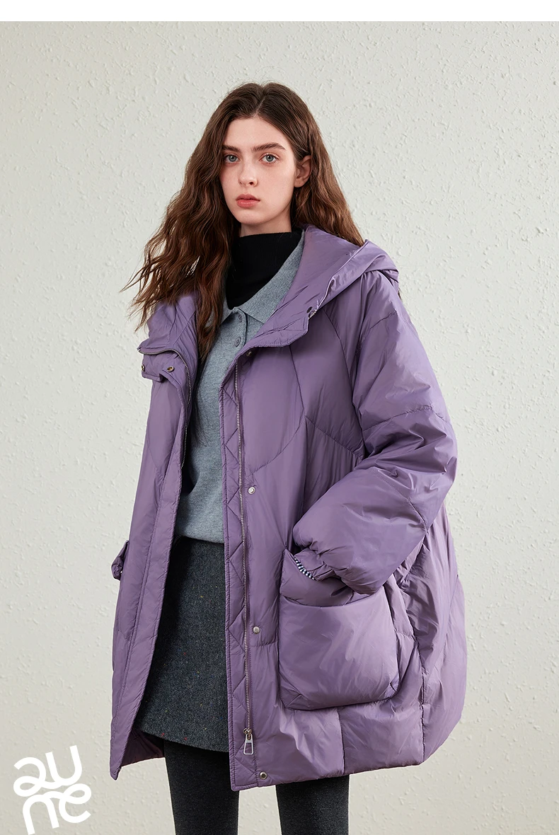 TOYOUTH Womens Down Jacket 2026 Winter New 90 White Duck Down Purple Hooded Large Pocket Warm Long Outerwear