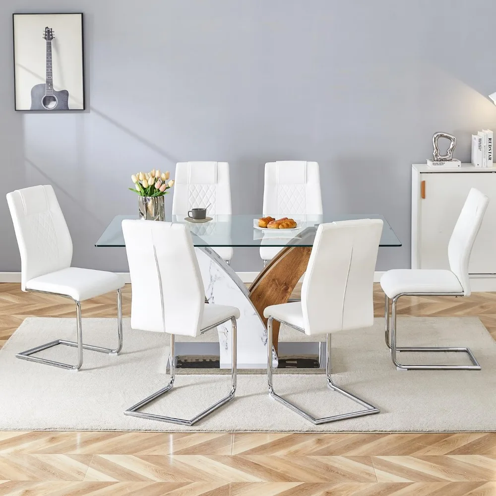 Ensemble de table à manger en verre avec pied de bricolage, table de cuisine avec 6 chaises blanches, dessus en verre du Guatemala, ensembles de table de salle à manger modernes