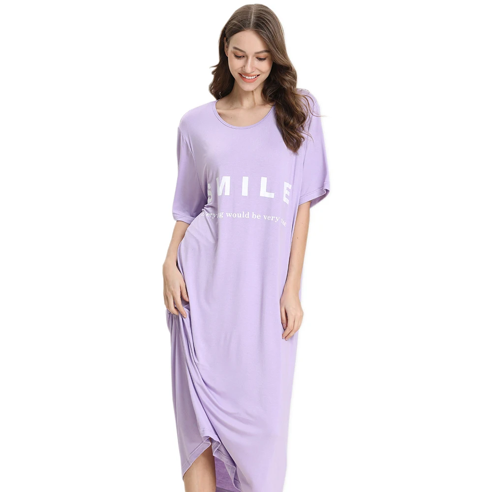 Plus size Sweet smile long night dress sleepwear women cozy modal loose short sleeve nightgown nachtkleding sleepdress