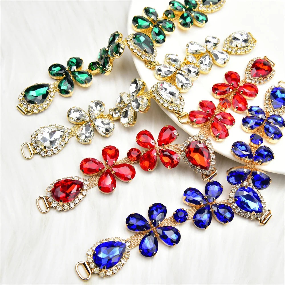 Rhinestone Flower Connector Chain Glass Crystal Buckle for Flip Flops DIY Garment Bikini Sandal Sewing Accessories