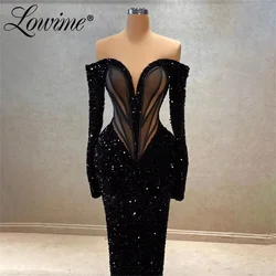 Black Off Shoulder Party Dresses Mermaid Long Sleeve Sequined Prom Gowns Customize Illusion Evening Dress Bespoke Occasion Dress