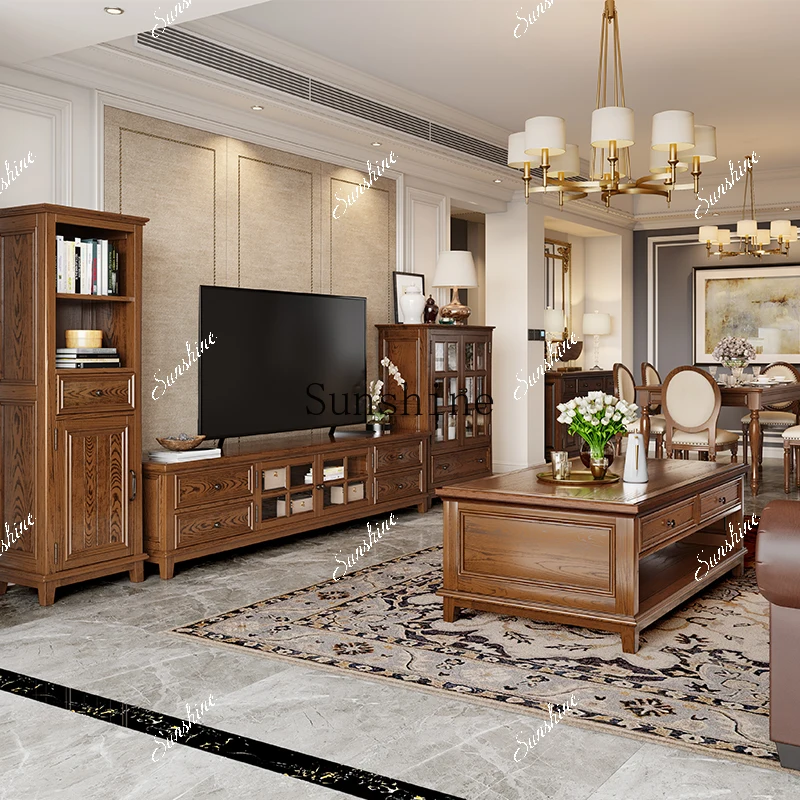 

American country solid wood wine cabinet living room glass ash wood dining side cabinet FT