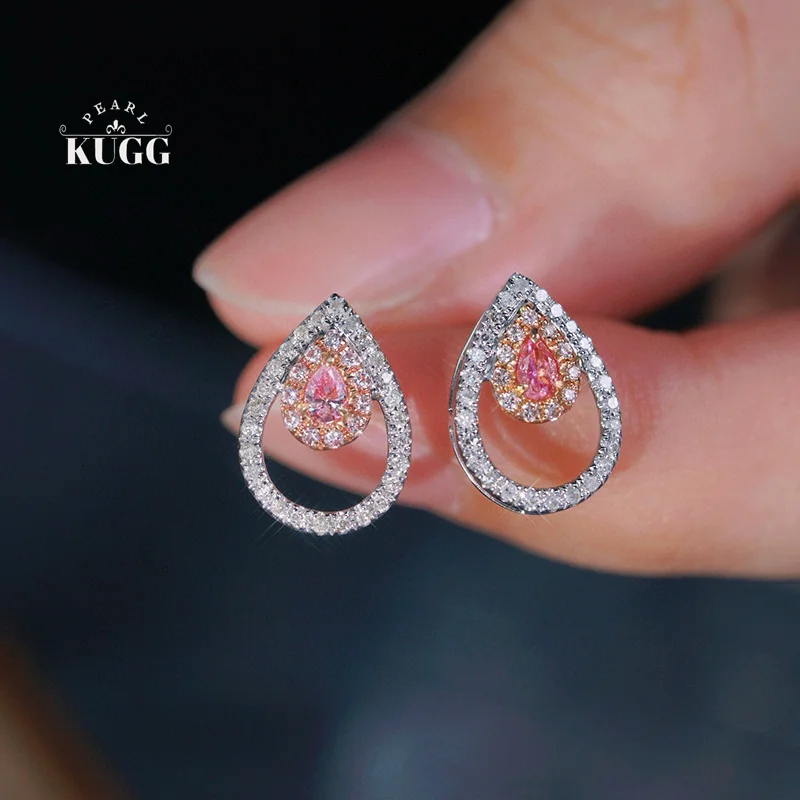 

KUGG 18K White Gold Earrings Elegant Water Drop Design 0.40carat Real Natural Pink Diamond Stud Earrings for Women Birthday Gift