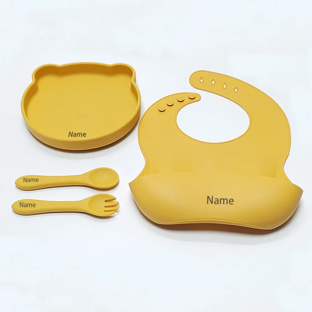 Free Name Printing Silicone Children's Tableware Feeding Bowl Silicone Fork Spoon Plate Meal Training Holiday Gift