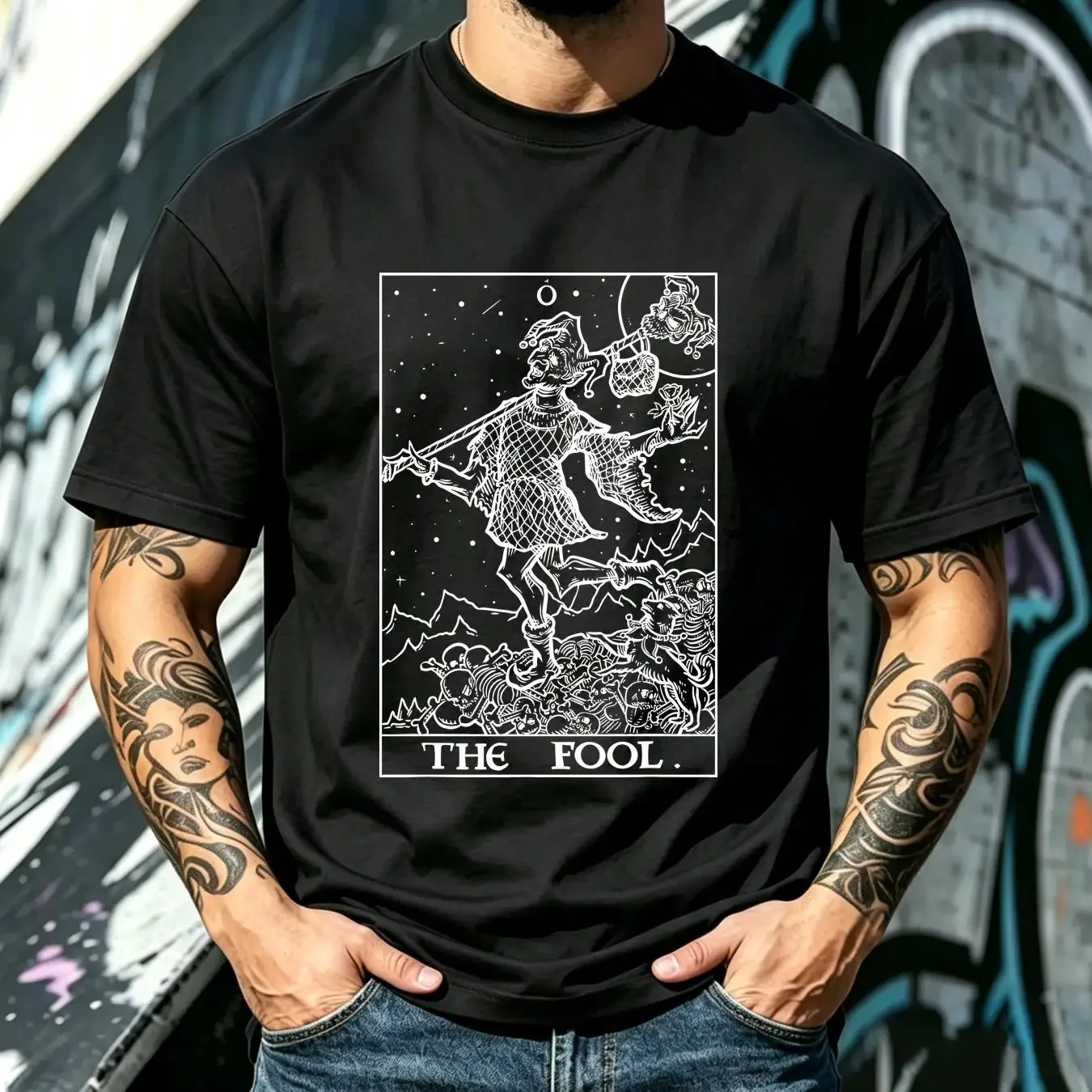 washed T Shirt The Fool Tarot Card Court Jester Halloween Men Gothic Goth Women Spooky Creepy for Horror long or short sleeves