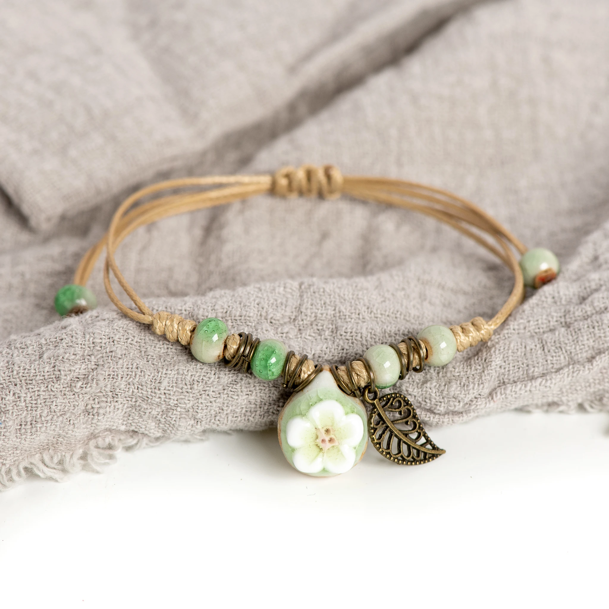 Adjustable Crackle Glaze Ceramic Bracelet with Flower and Leaf Charms 15-25cm
