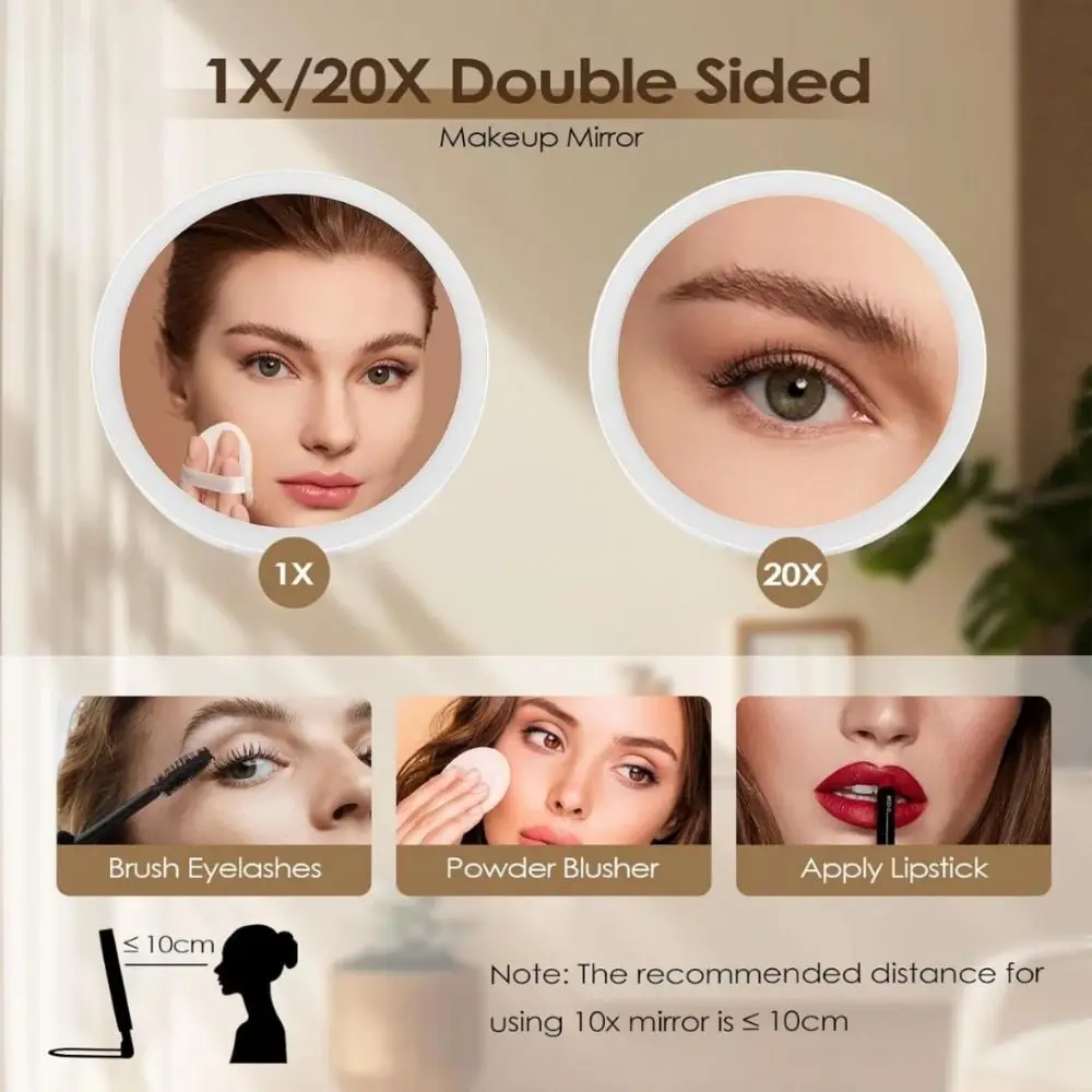 3 Color Modes Magnifying Mirror with Light 10X/20X Makeup Mirror Adjustable Brightness Double-Sided Foldable Travel Mirror