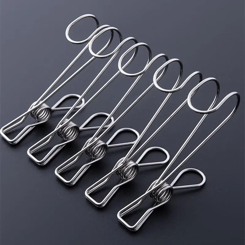 5pcs Clothes Pegs Stainless Steel Clothes Drying Clips Hanger Multi-function Long Hook Clip Storage Household Data File Storage