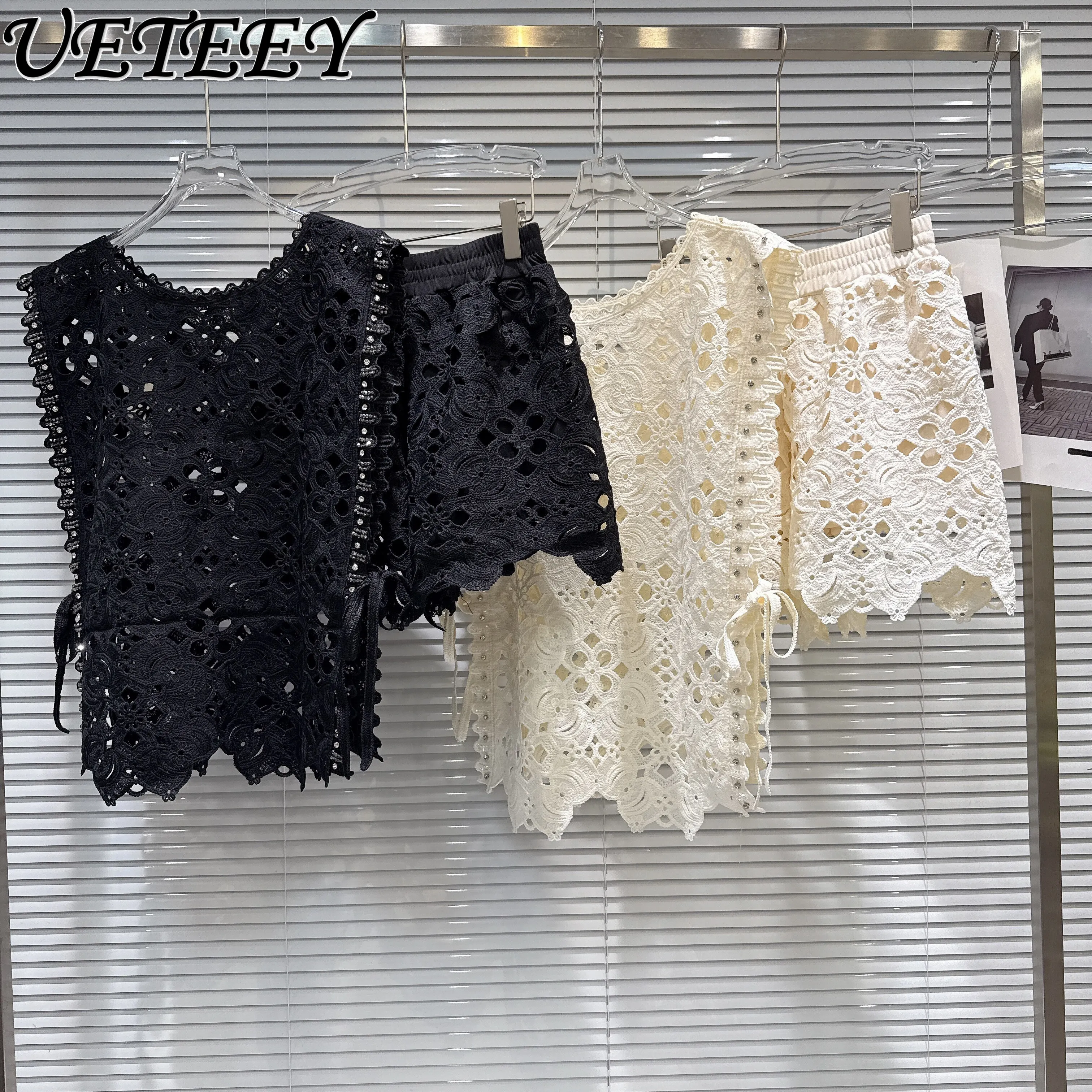 

2026 Summer New Casual Sequins Beaded Crochet Tank Top Sleeveless Tshirt + Elastic Waist Shorts Suit Women's 2-piece Set Outfit