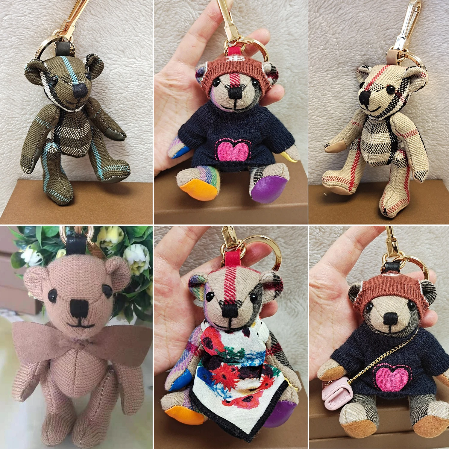 Sherpa Plaid Keychain - Cute Teddy Bear Car Accessory, Handmade Bag Charm for Backpack, Purse, Keys