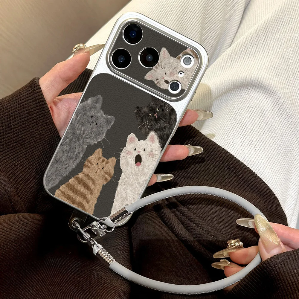 Niedliche Katzen-Handyhülle für iPhone 17 Pro Max 16 15 13 11 12 14 Pro Max – Weiche Litschi-Muster-Hülle mit Handschlaufe und stoßfester TPU-Abdeckung