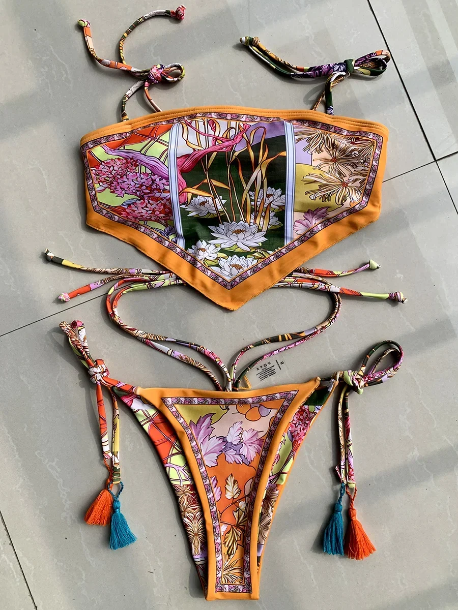 Bikini wanita 2024 Crop Top cetak Bikini pakaian renang Brasil baju renang wanita Set Bikini dua potong pakaian renang potongan Tinggi