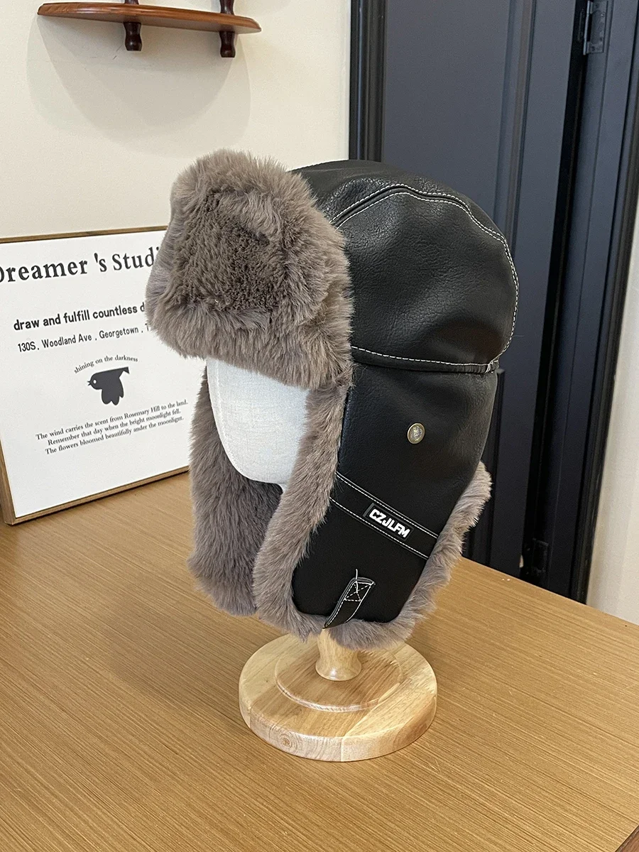 

Leather plush Lei Feng hat men's and women's big head warm cycling ear protectors outdoor plush thickened pilot cap