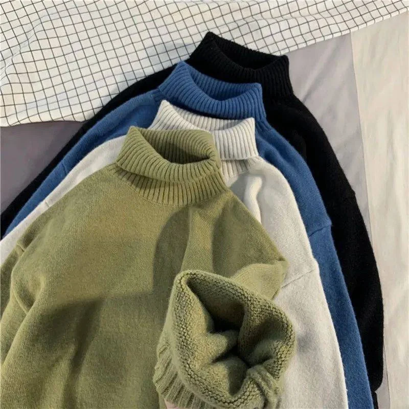 

Loose High Collar Knitted Sweater Men's Color Korean Style Autumn Winter Fashion Casual Wear for Students And Couples
